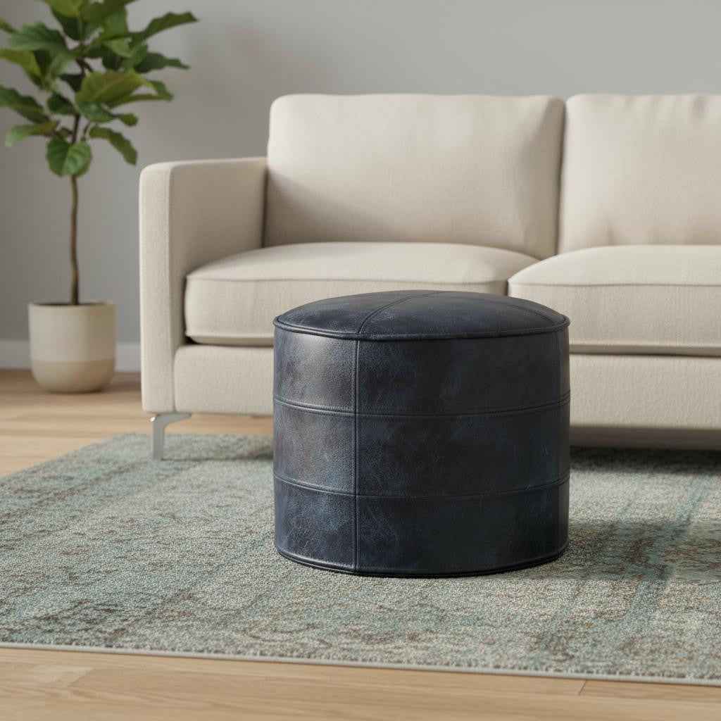 18" Blue Leather Round Pouf Ottoman