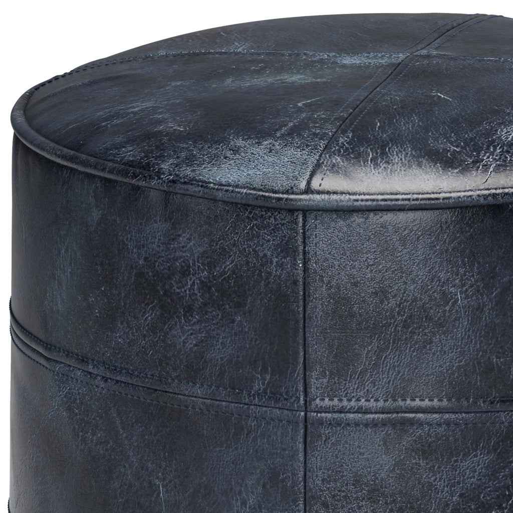 18" Blue Leather Round Pouf Ottoman