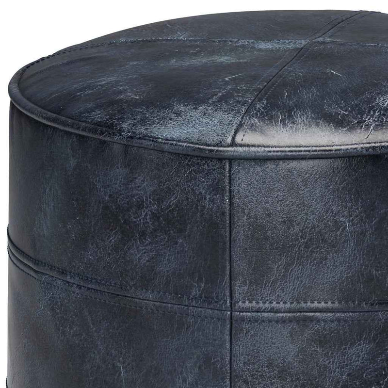 18" Blue Leather Round Pouf Ottoman