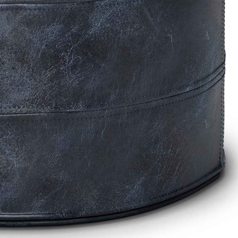 18" Blue Leather Round Pouf Ottoman