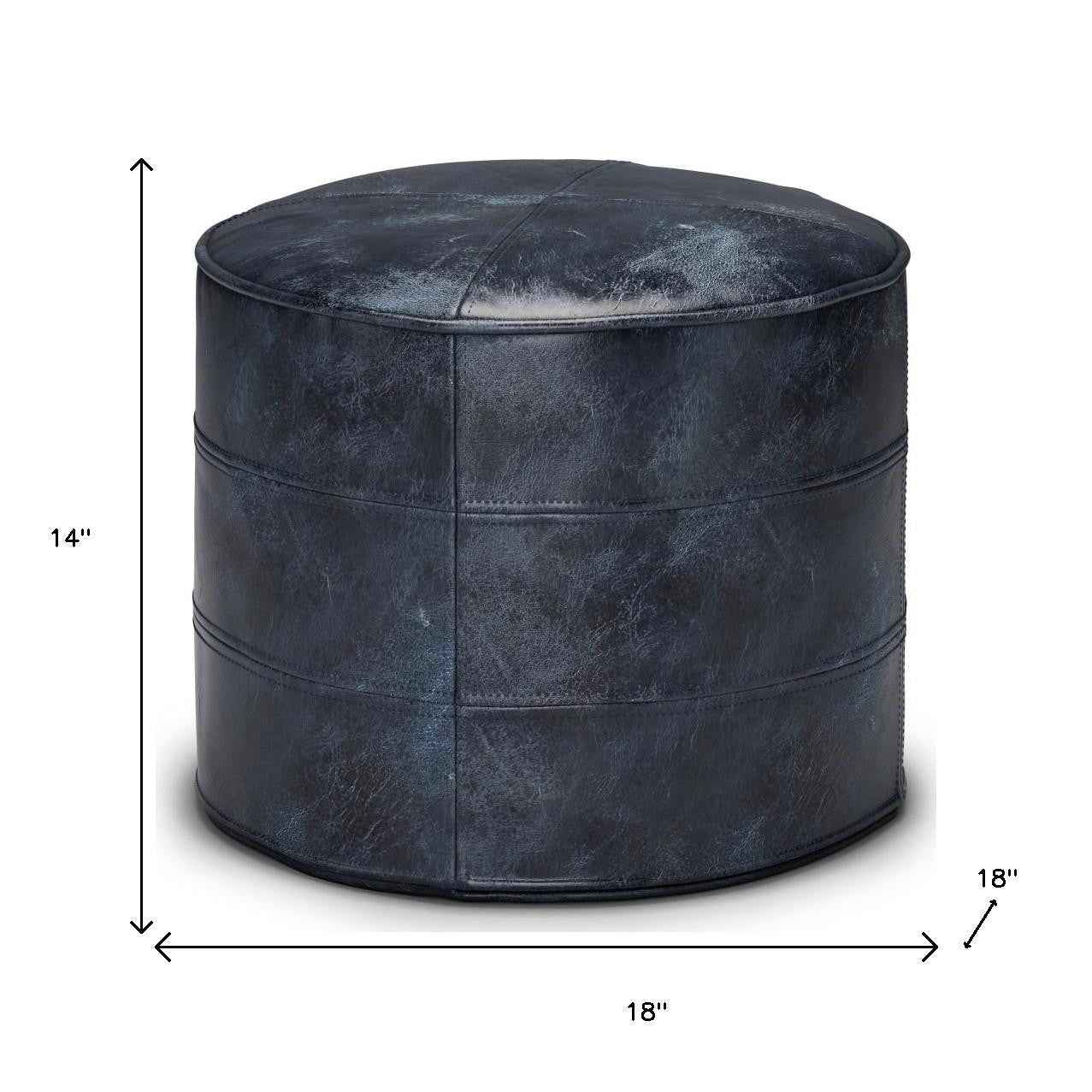 18" Blue Leather Round Pouf Ottoman