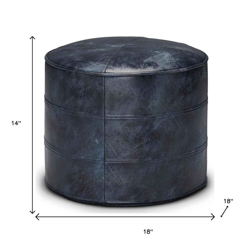 18" Blue Leather Round Pouf Ottoman
