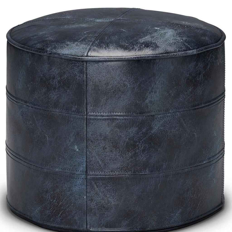 18" Blue Leather Round Pouf Ottoman