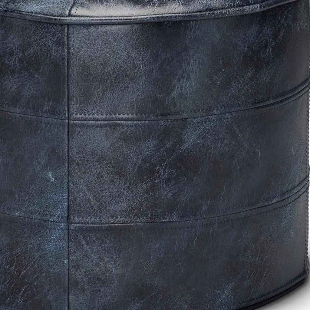 18" Blue Leather Round Pouf Ottoman