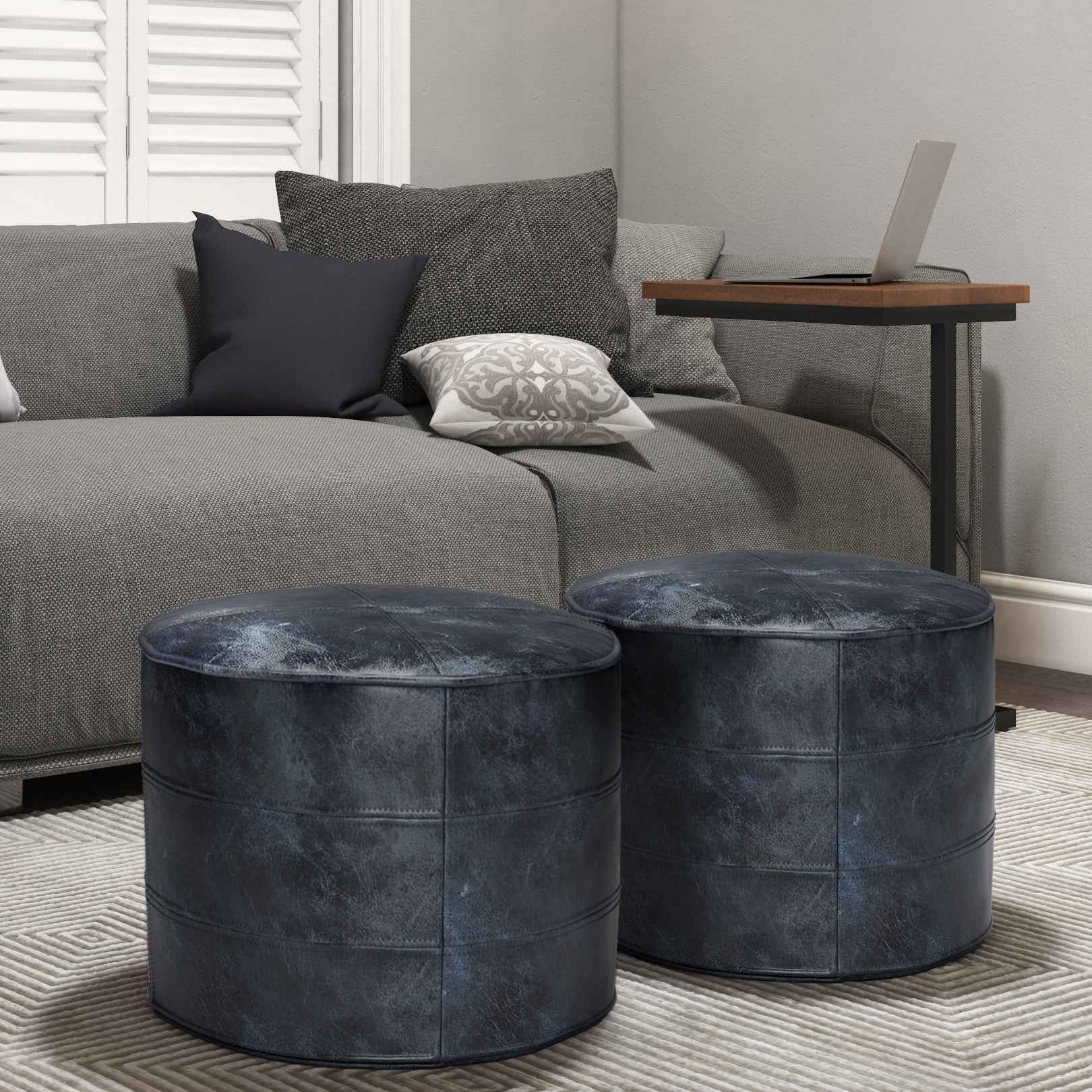 18" Blue Leather Round Pouf Ottoman