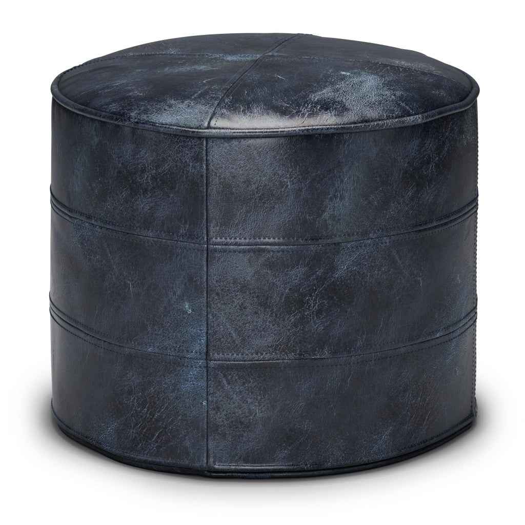 18" Blue Leather Round Pouf Ottoman