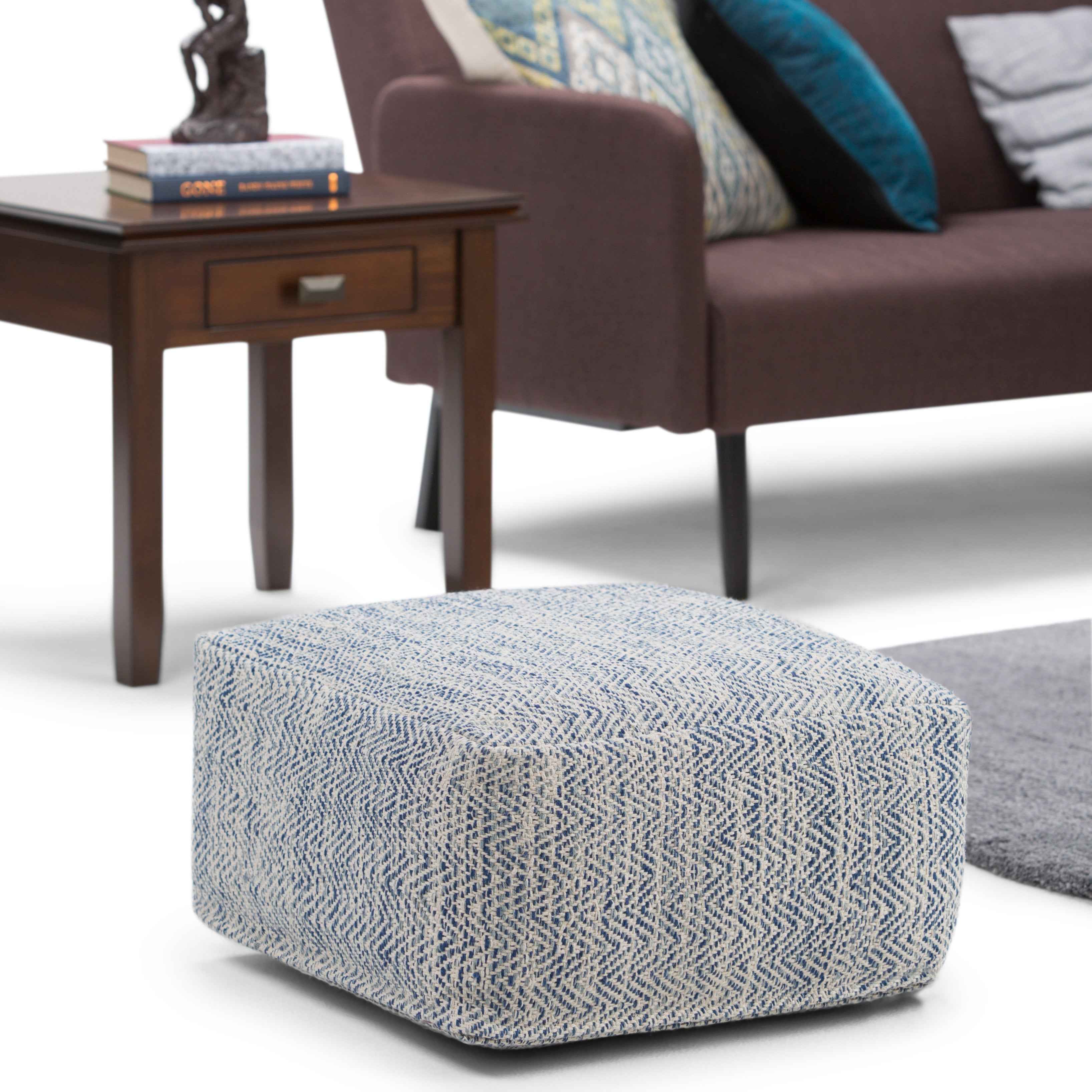 20" Blue Cotton Pouf Ottoman