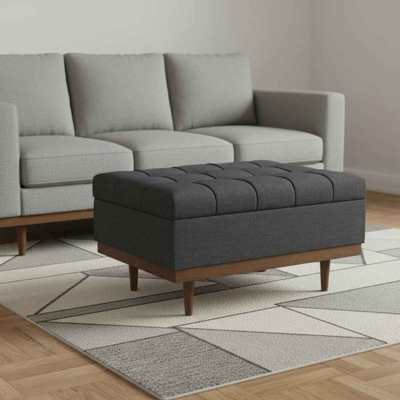 34" Walnut and Slate Gray Upholstery Storage Ottoman