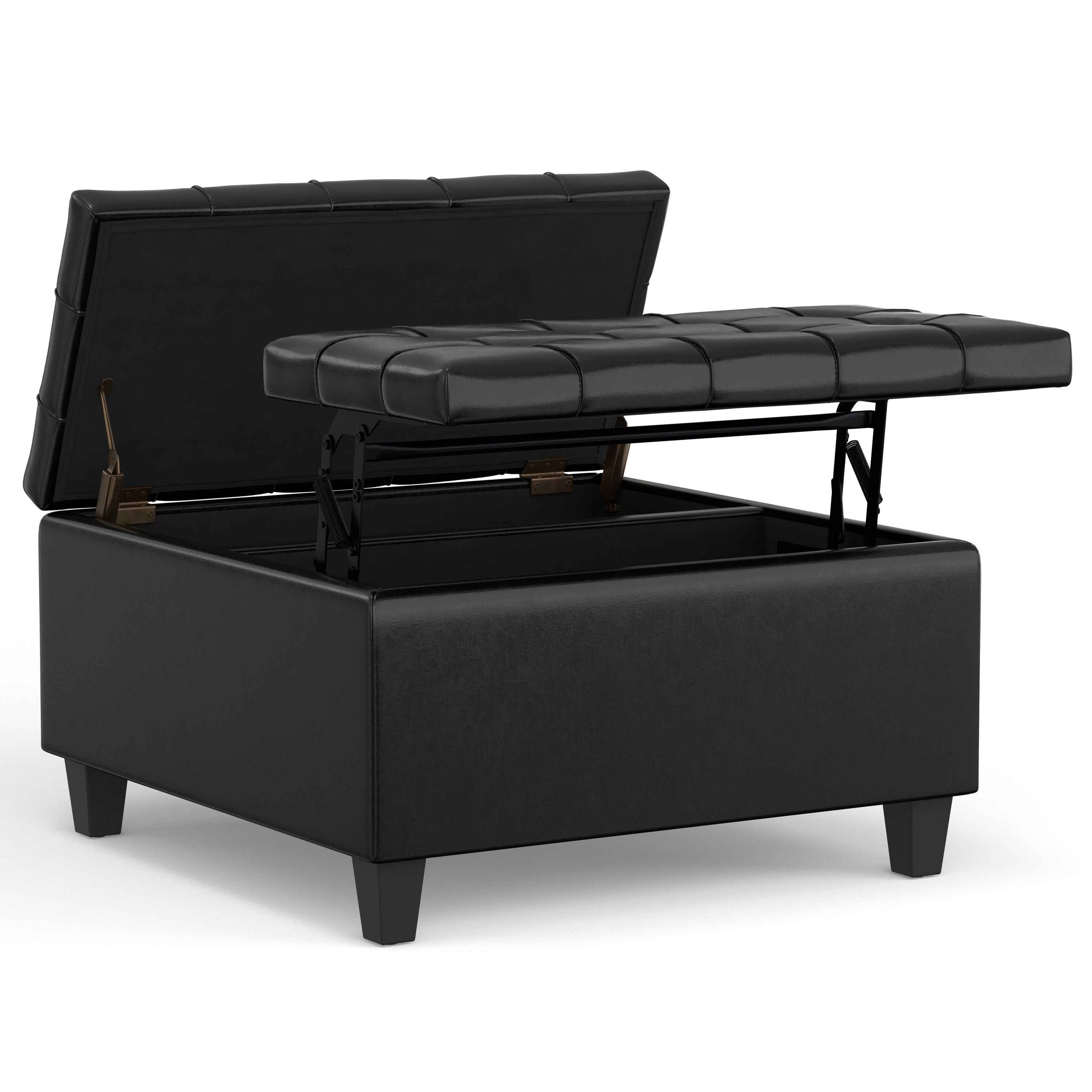 30" Black Leather Cocktail Ottoman With Storage