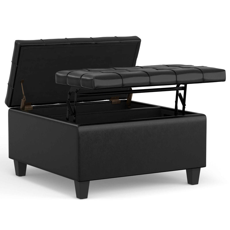 30" Black Leather Cocktail Ottoman With Storage