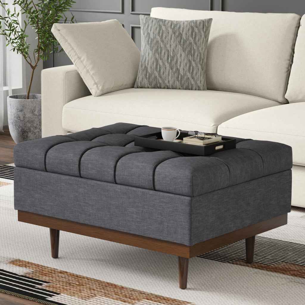 34" Walnut and Slate Gray Upholstery Storage Ottoman