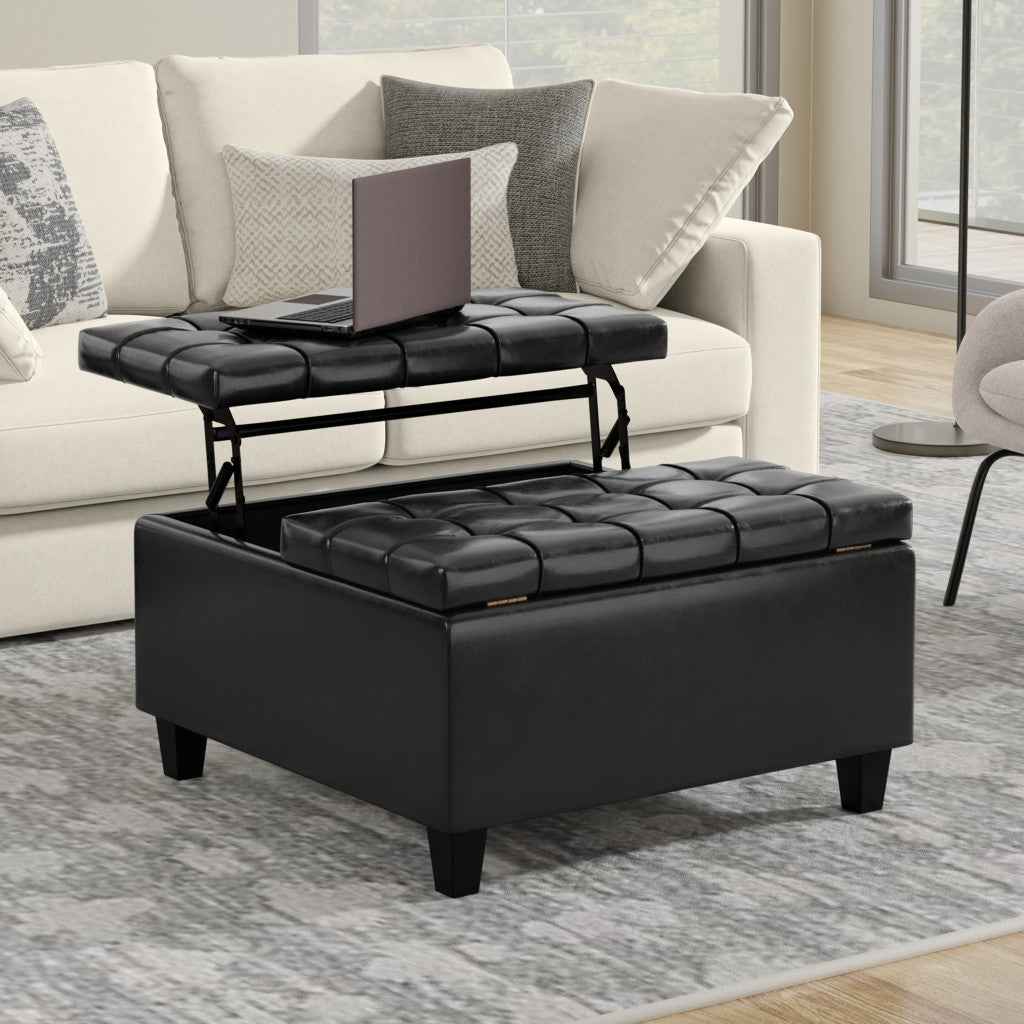 30" Black Leather Cocktail Ottoman With Storage