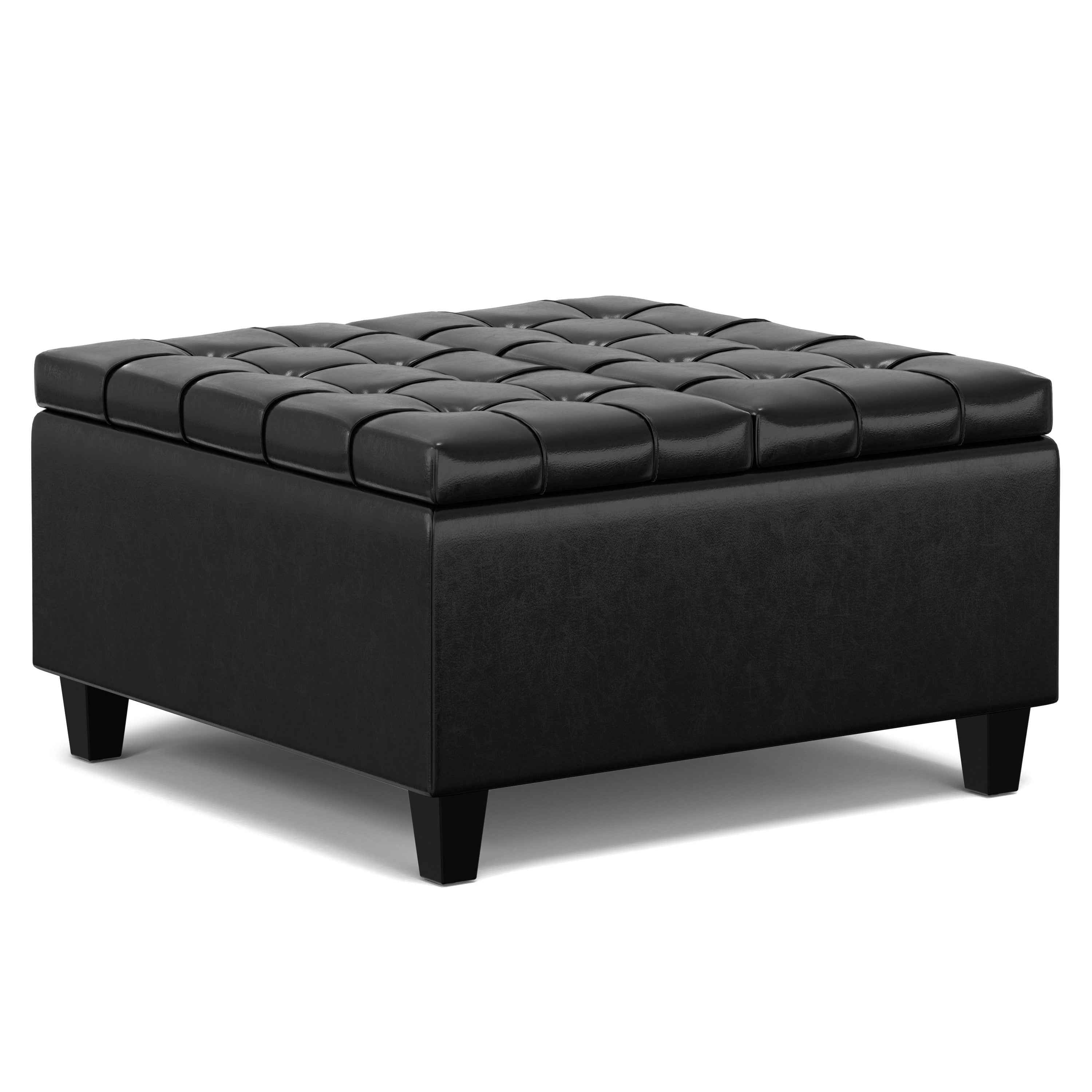 30" Black Leather Cocktail Ottoman With Storage