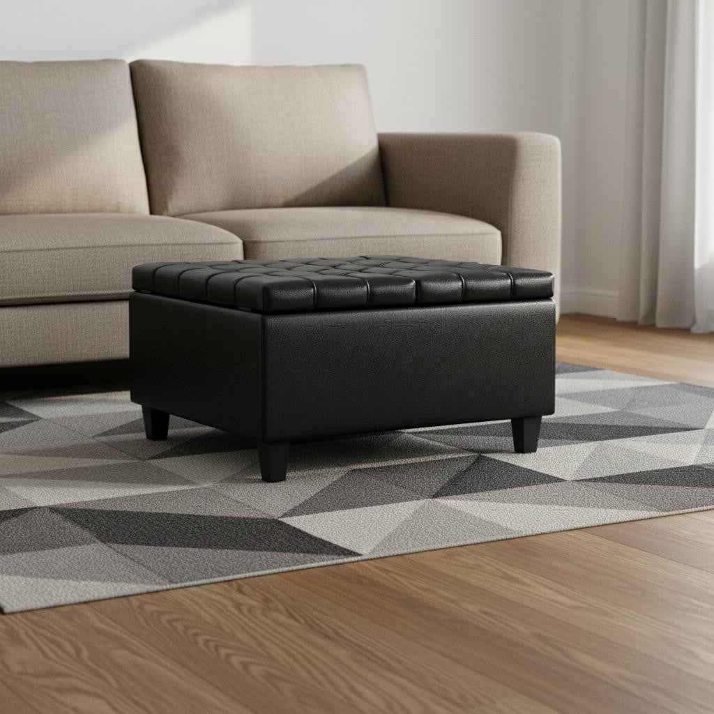 30" Black Leather Cocktail Ottoman With Storage