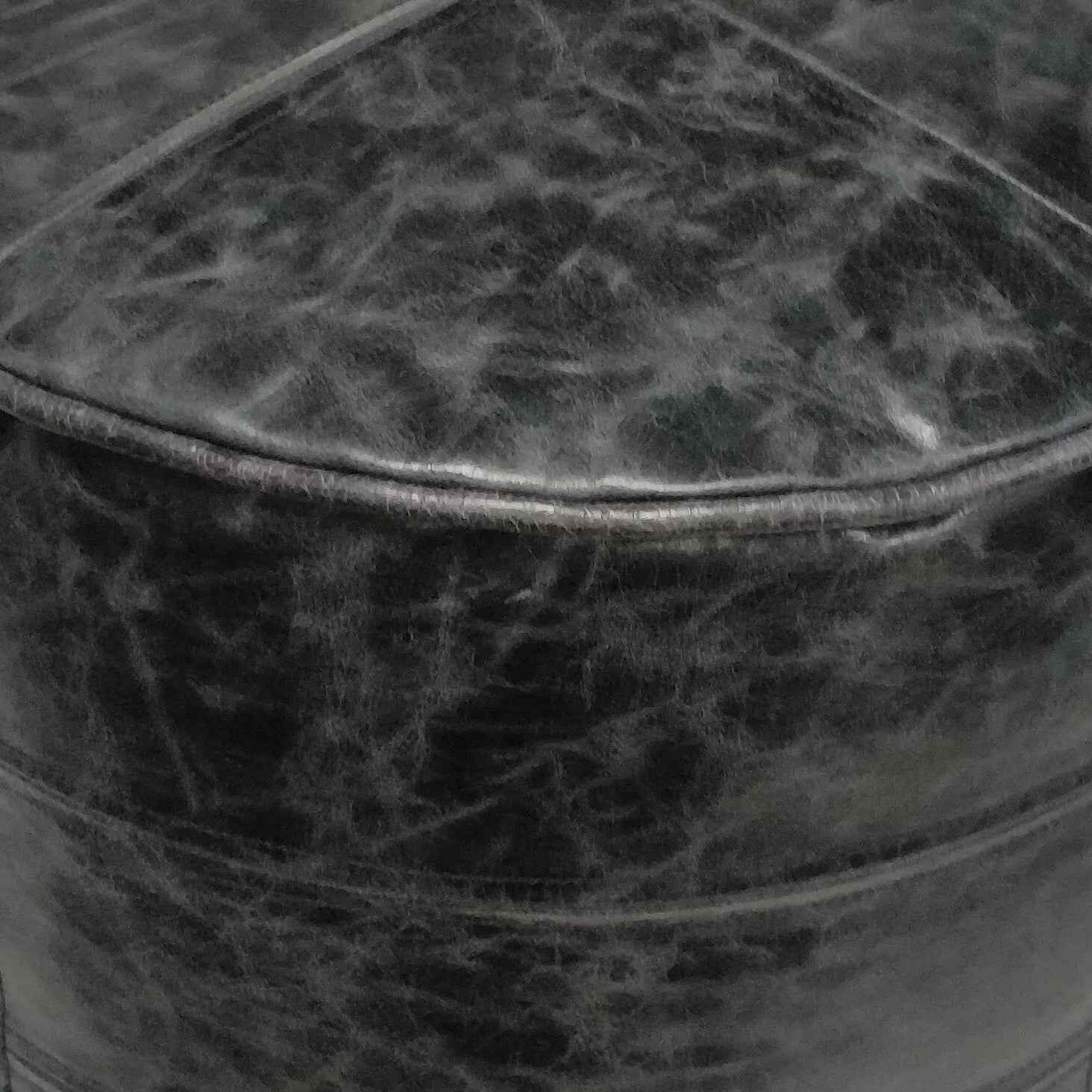 18" Black Leather Round Pouf Ottoman