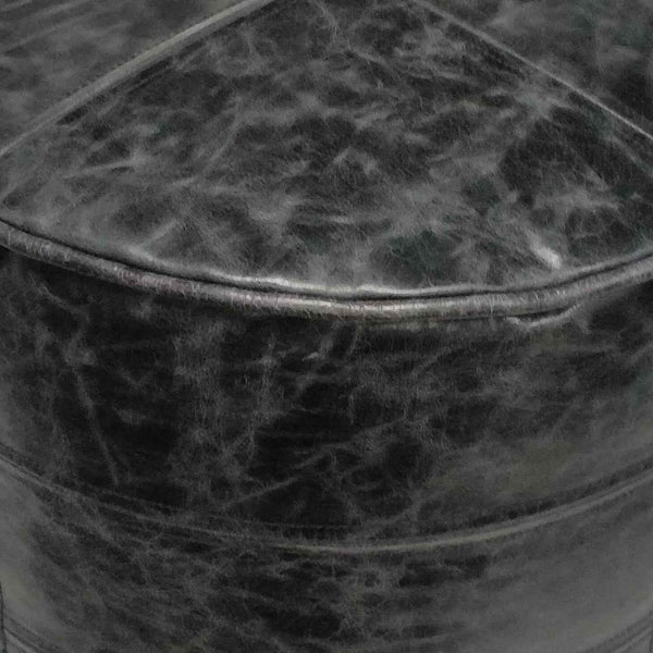 18" Black Leather Round Pouf Ottoman