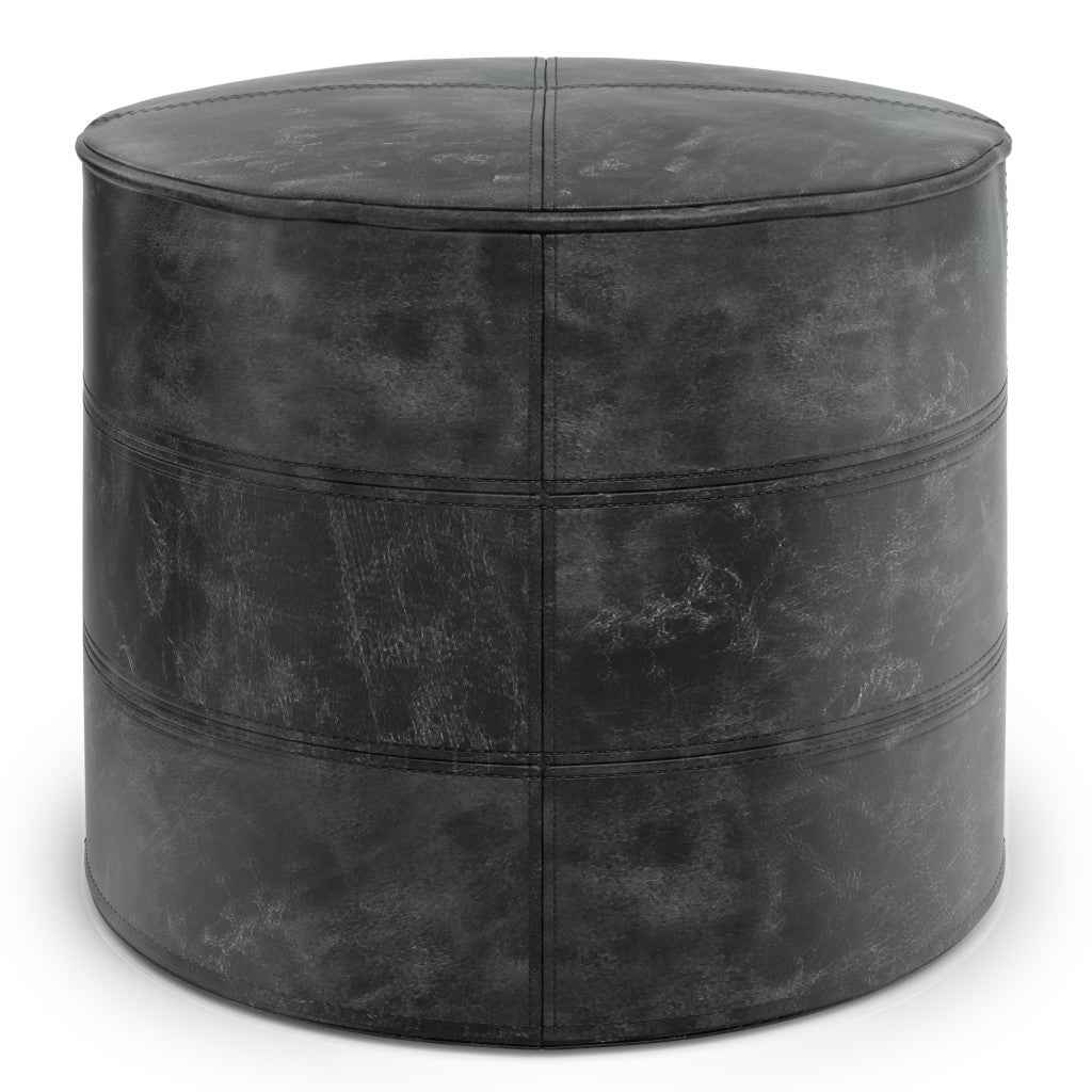 18" Black Leather Round Pouf Ottoman
