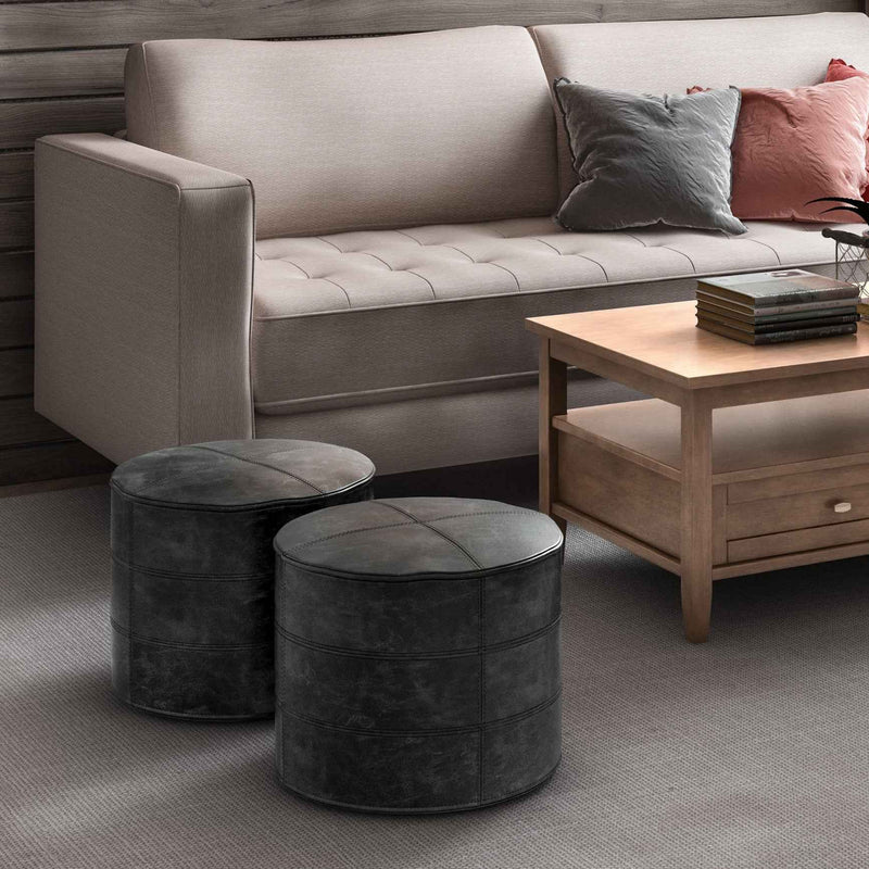 18" Black Leather Round Pouf Ottoman