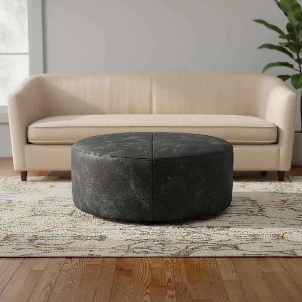 18" Black Leather Round Pouf Ottoman