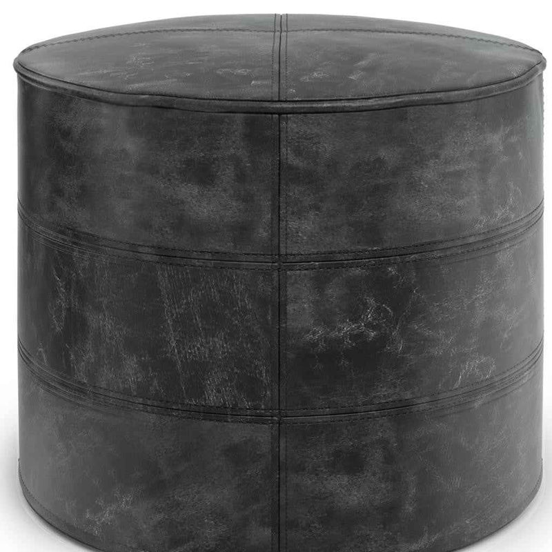 18" Black Leather Round Pouf Ottoman