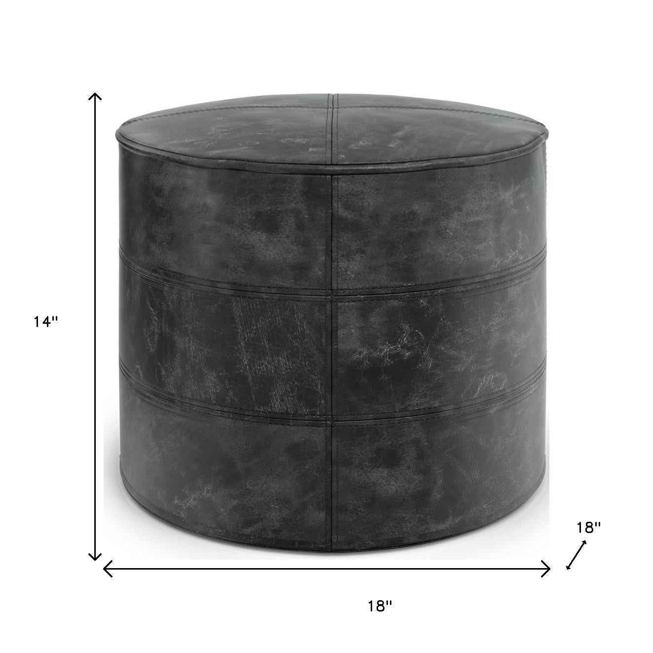 18" Black Leather Round Pouf Ottoman