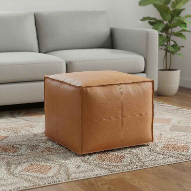 18" Brown Faux Leather Pouf Ottoman