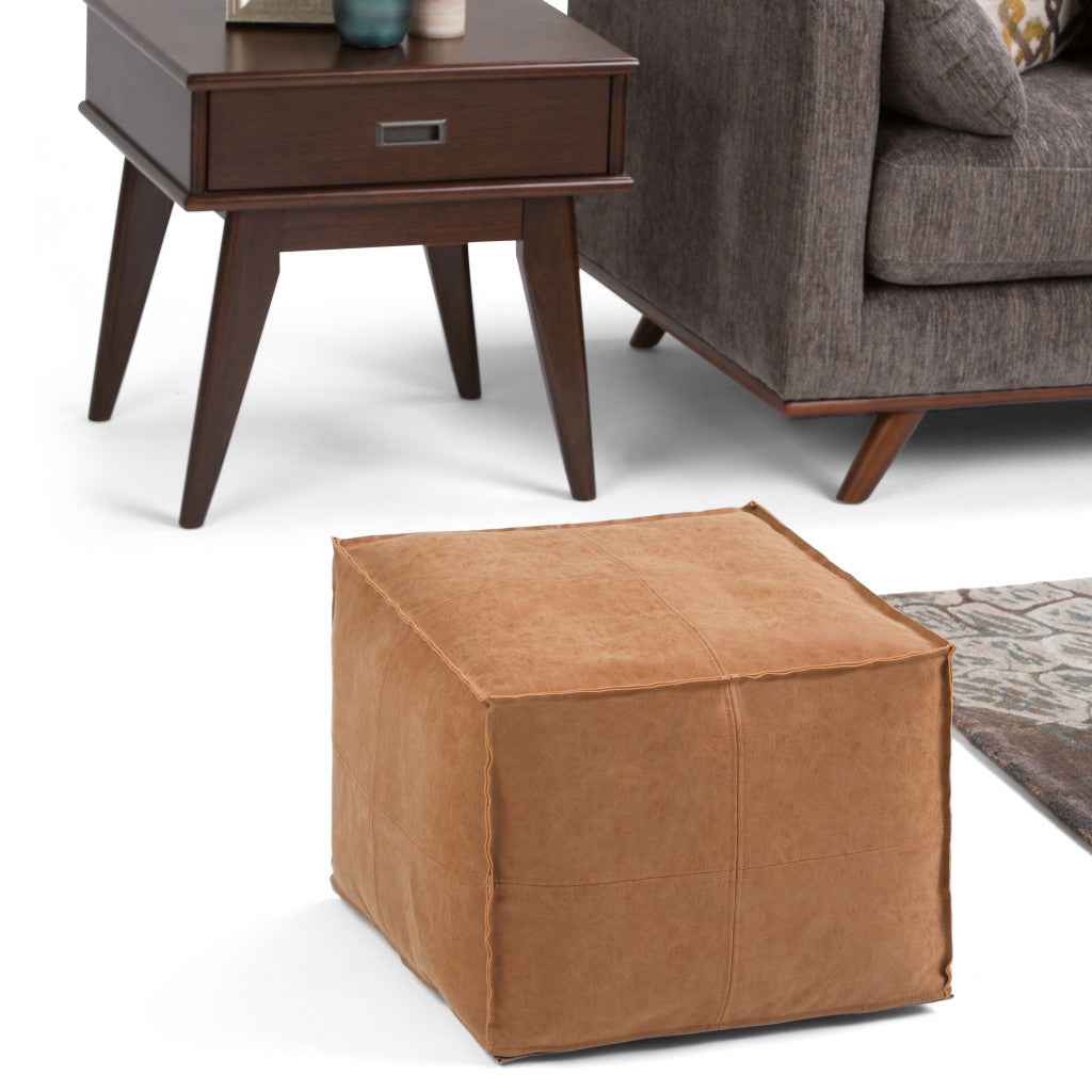 18" Brown Faux Leather Pouf Ottoman