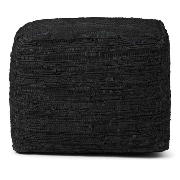 18" Black Leather Pouf Ottoman