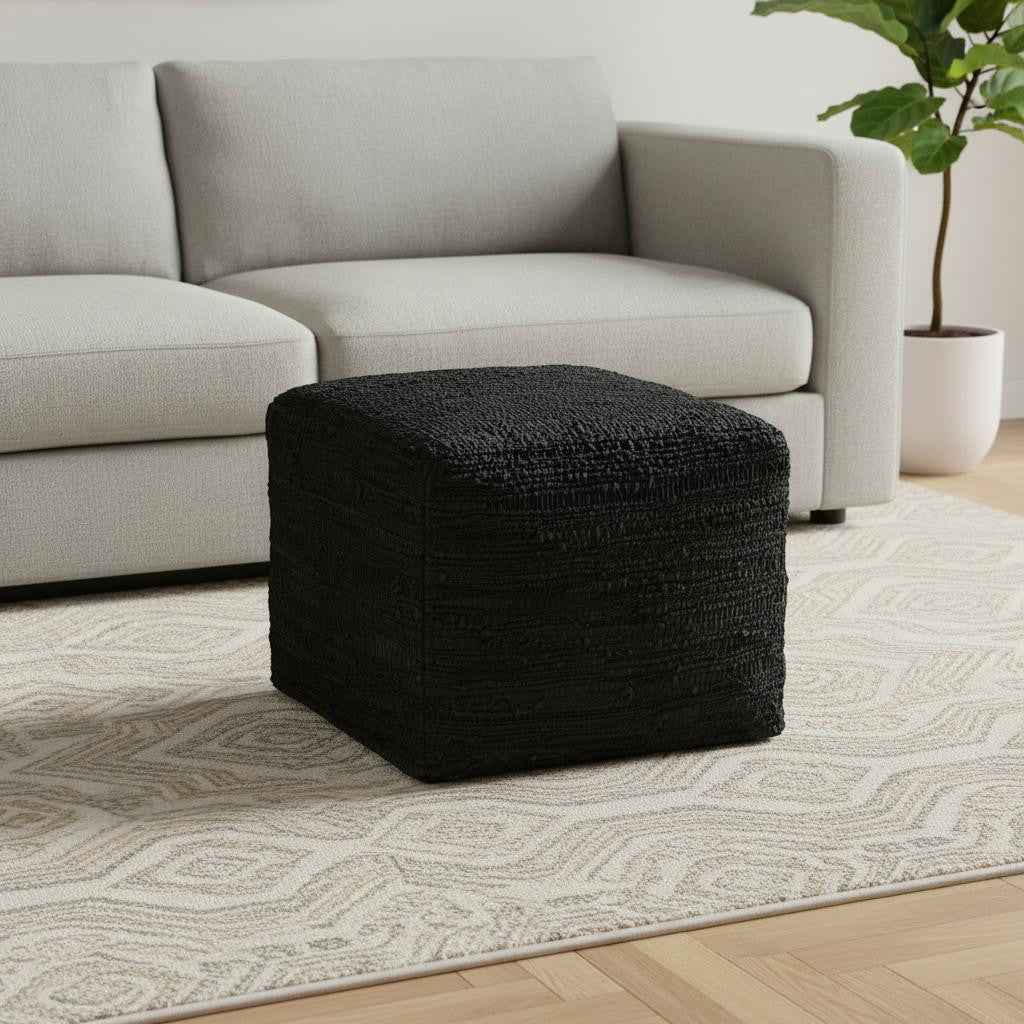 18" Black Leather Pouf Ottoman