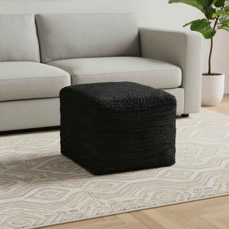 18" Black Leather Pouf Ottoman