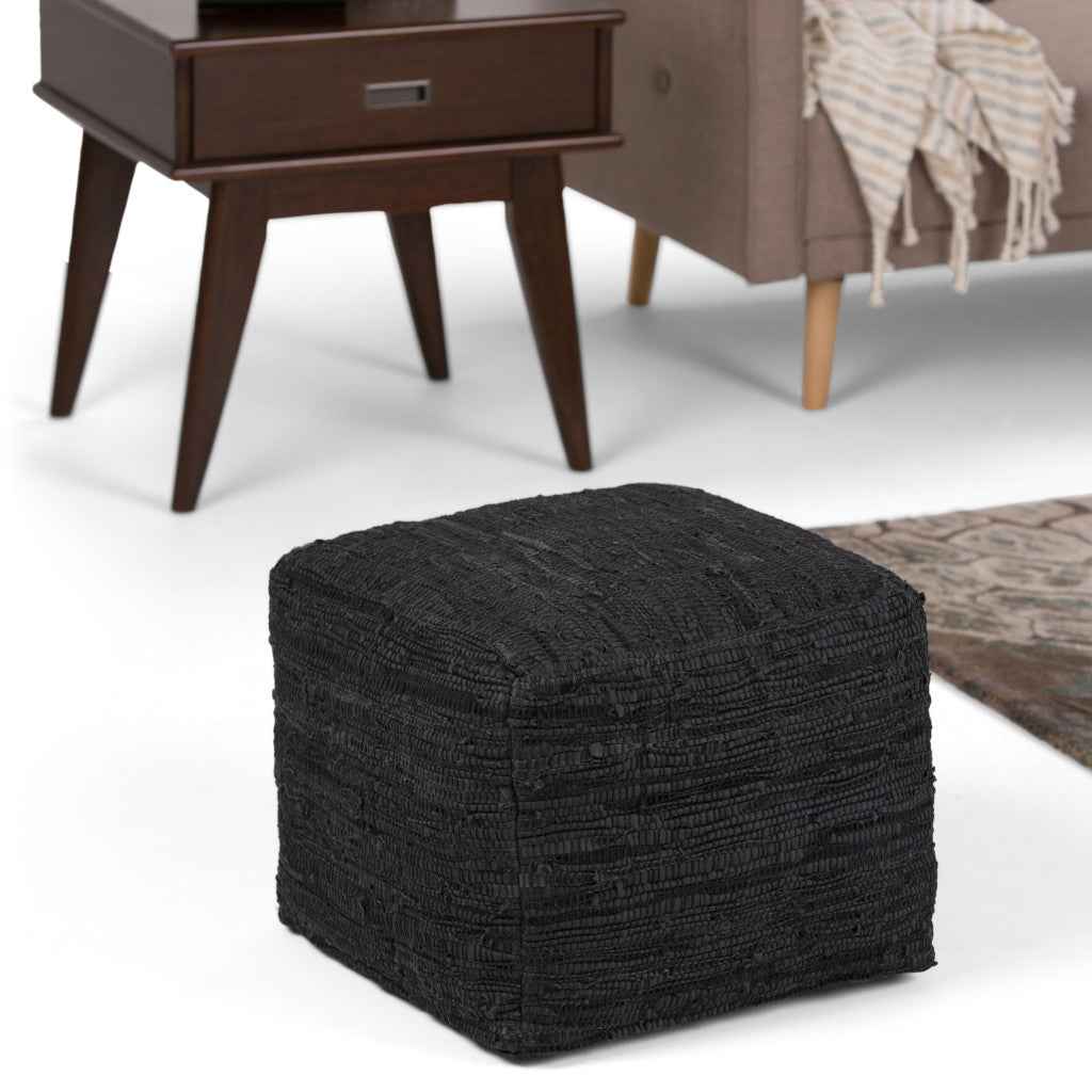 18" Black Leather Pouf Ottoman