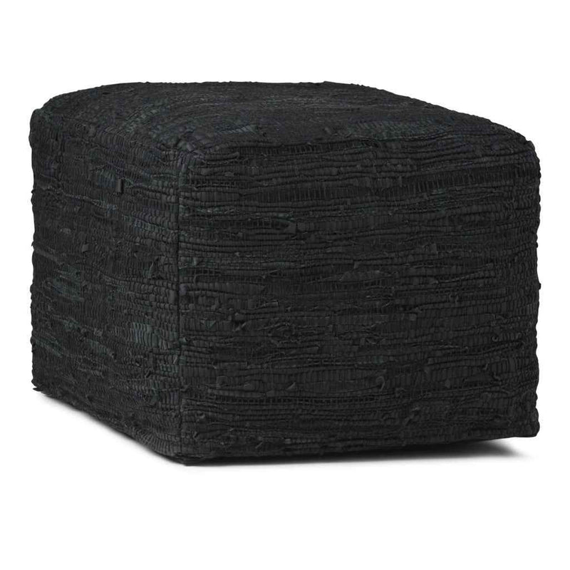 18" Black Leather Pouf Ottoman
