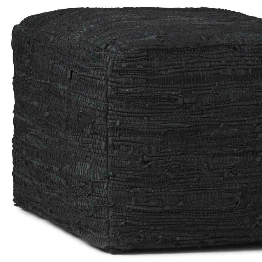 18" Black Leather Pouf Ottoman