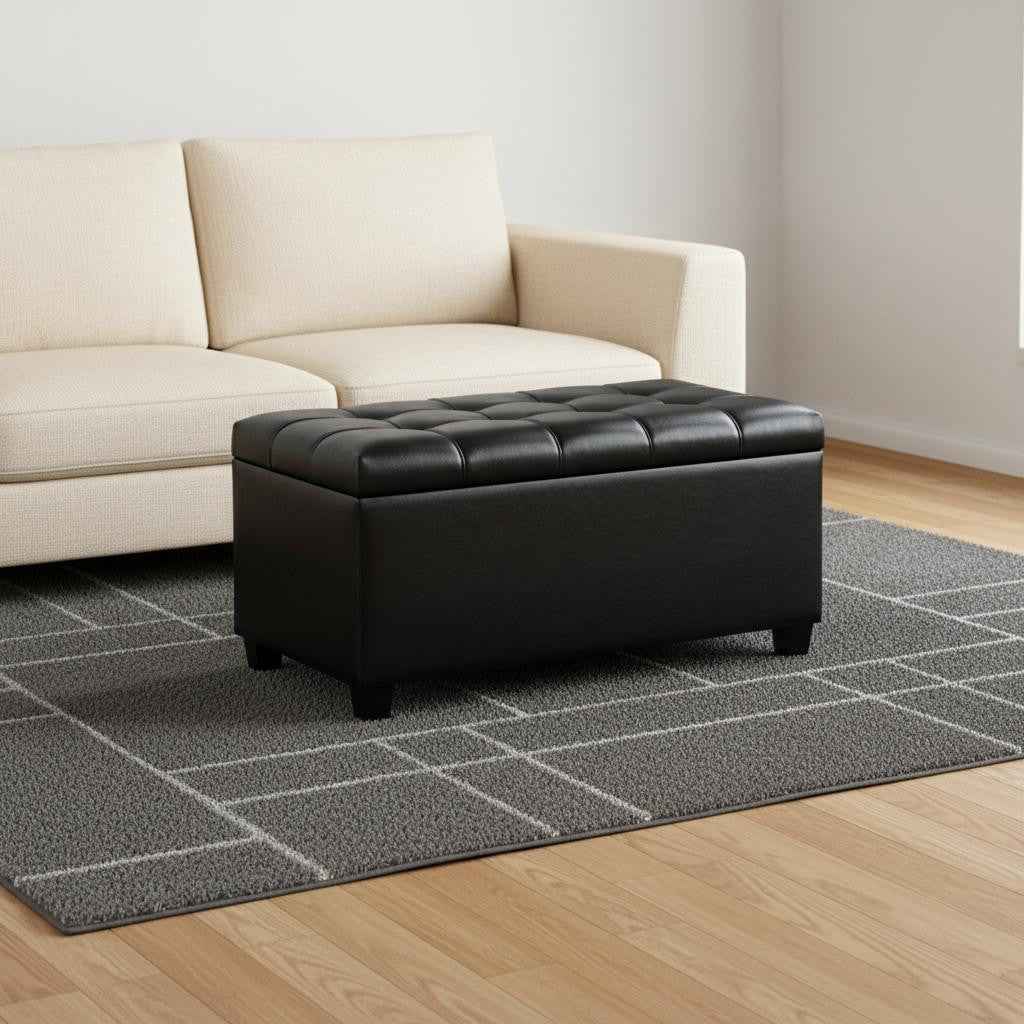 33" Espresso and Black Upholstery Storage Ottoman