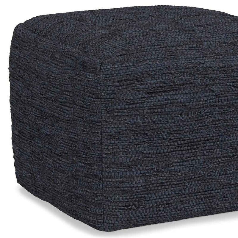 18" Blue Leather Pouf Ottoman