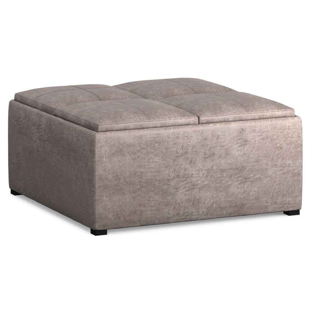 35" Gray and Black Leather Cocktail Ottoman With Storage