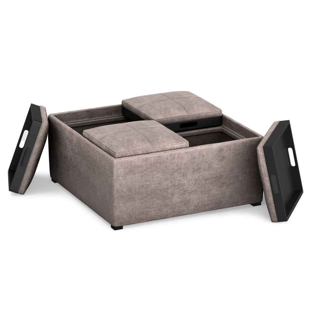 35" Gray and Black Leather Cocktail Ottoman With Storage