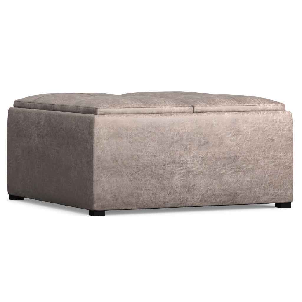 35" Gray and Black Leather Cocktail Ottoman With Storage
