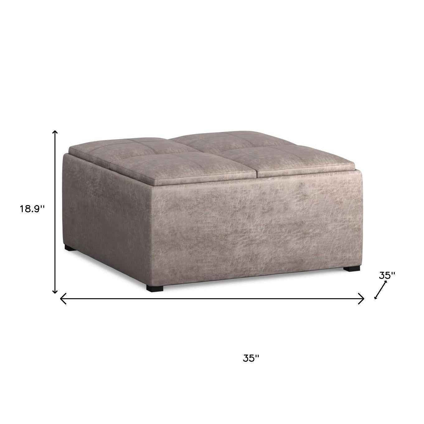 35" Gray and Black Leather Cocktail Ottoman With Storage