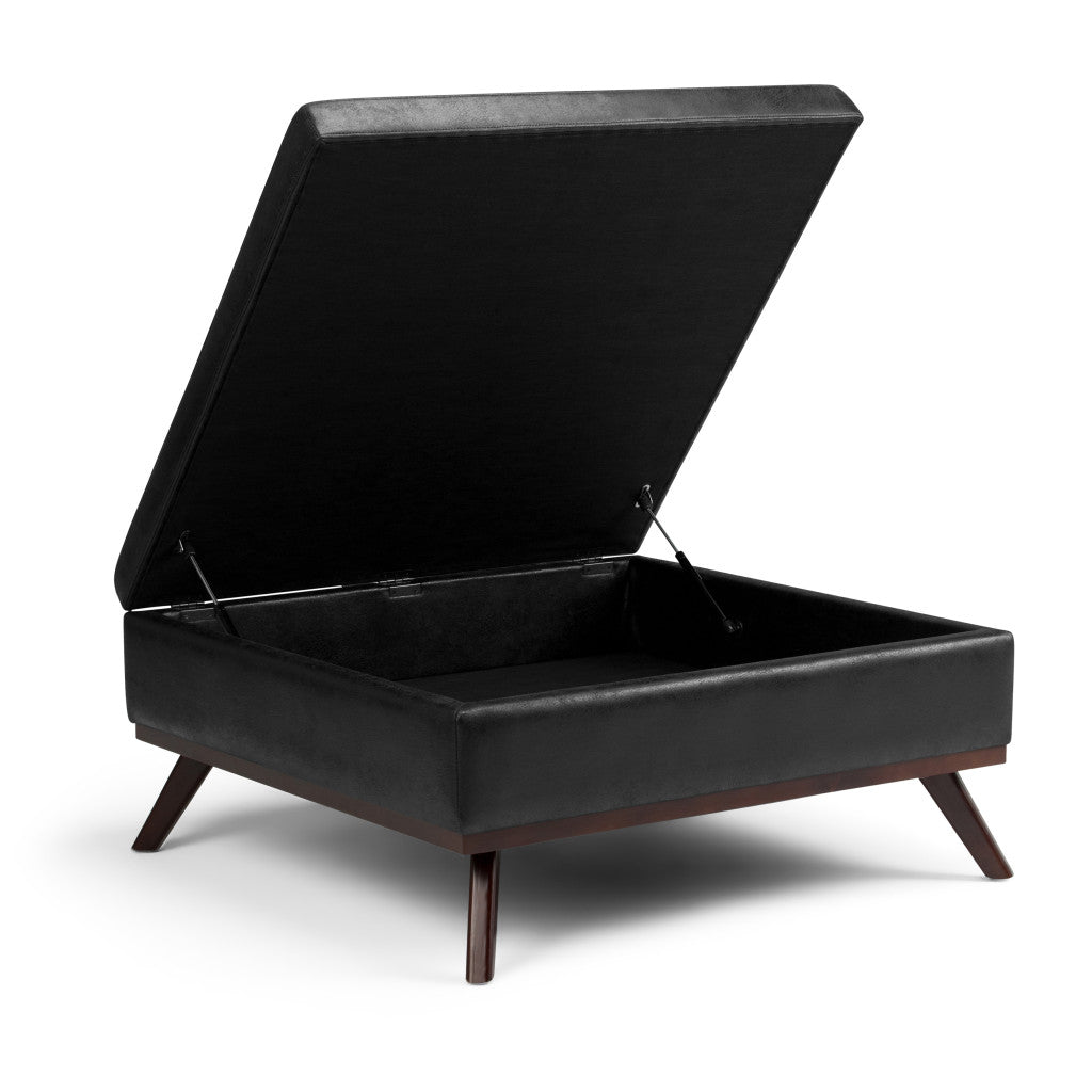 36" Black and Brown Leather Cocktail Ottoman With Storage