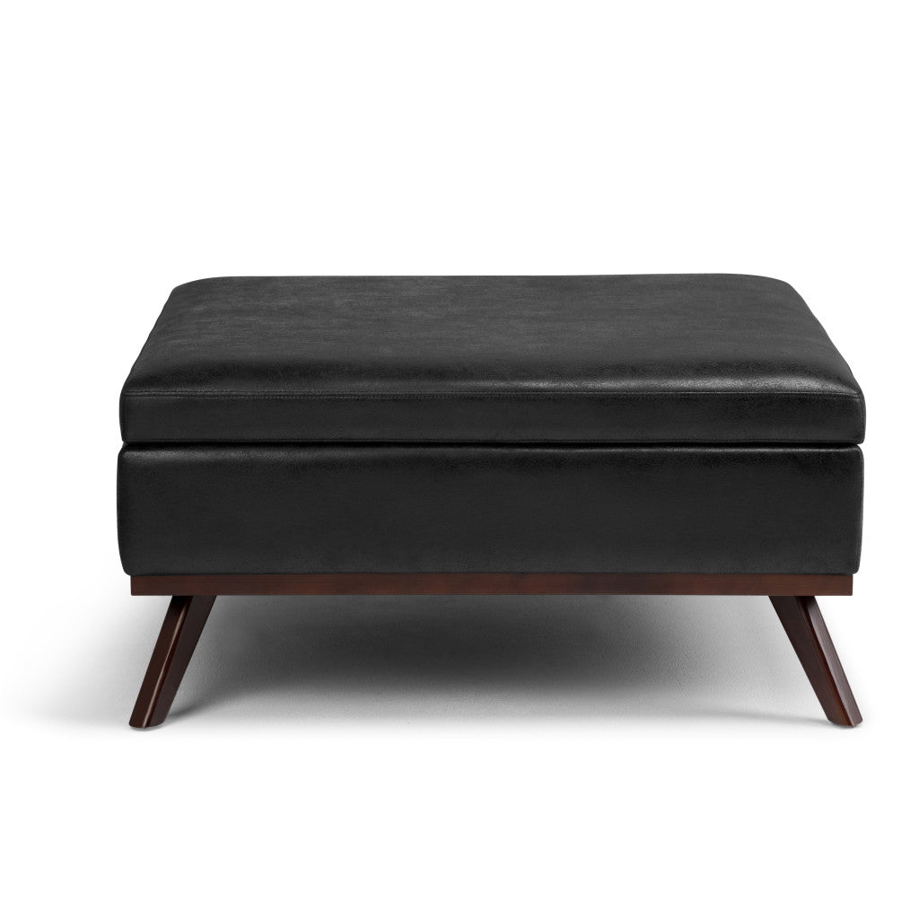 36" Black and Brown Leather Cocktail Ottoman With Storage