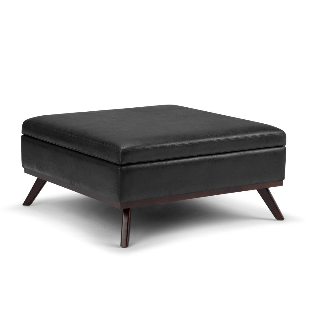 36" Black and Brown Leather Cocktail Ottoman With Storage