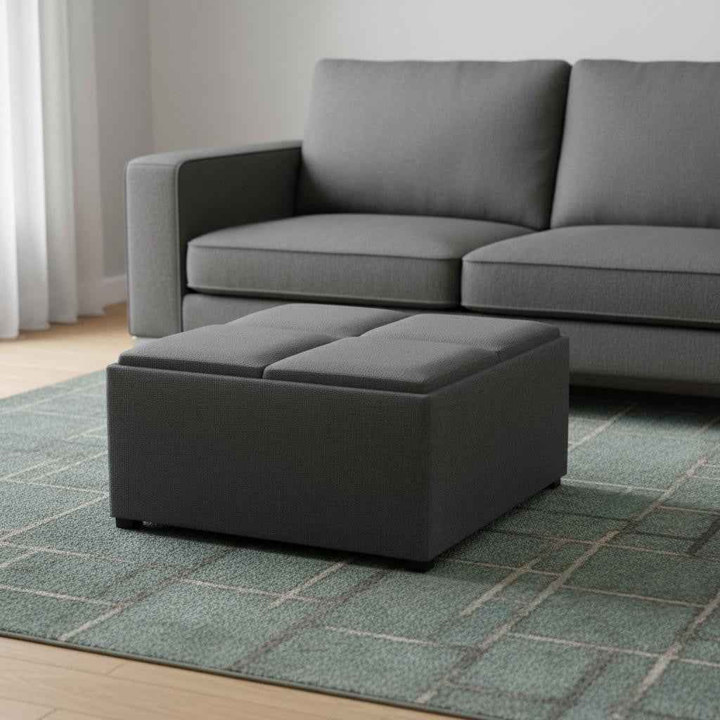 35" Gray and Dark Brown Fabric Cocktail Ottoman With Storage