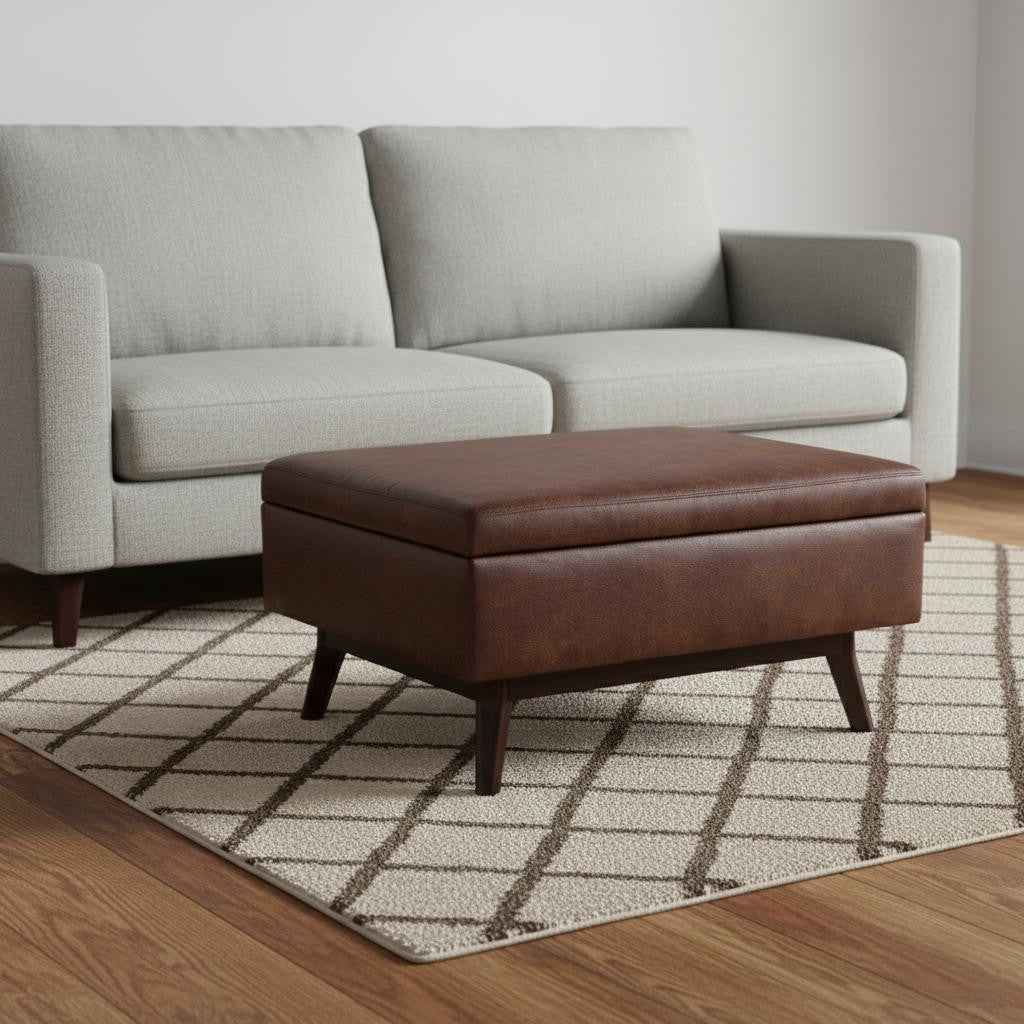 34" Brown Leather Cocktail Ottoman With Storage