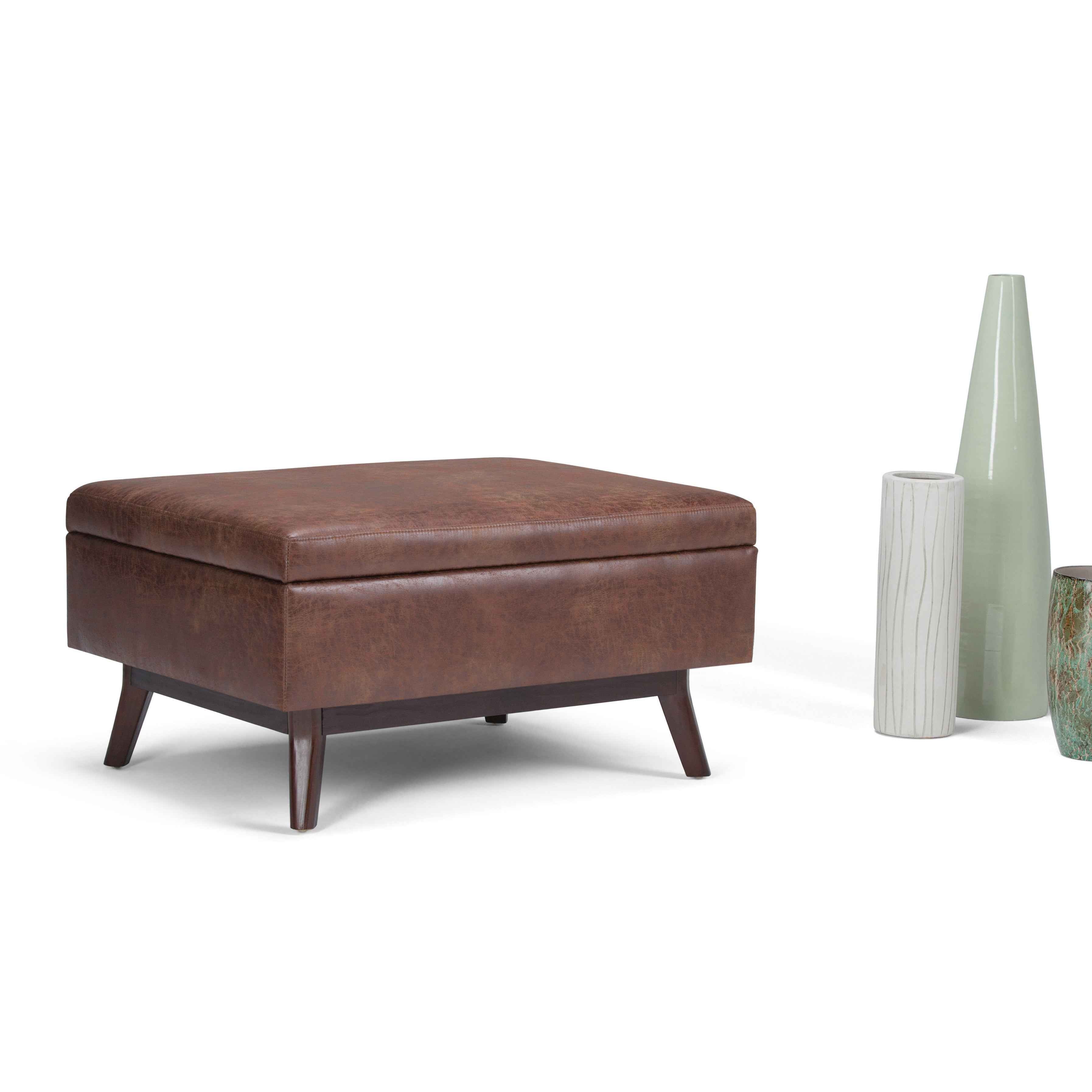 34" Brown Leather Cocktail Ottoman With Storage