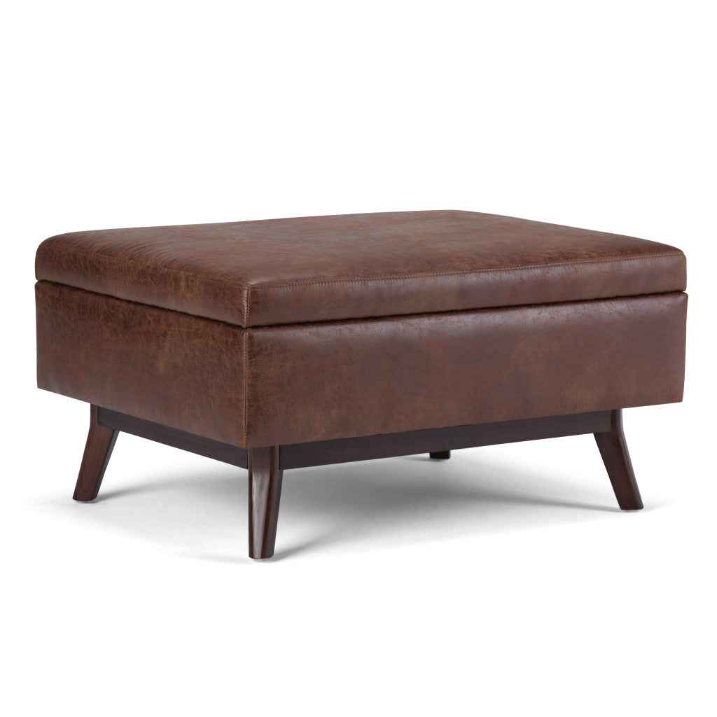 34" Brown Leather Cocktail Ottoman With Storage