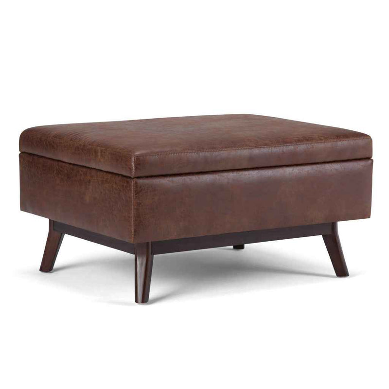 34" Brown Leather Cocktail Ottoman With Storage