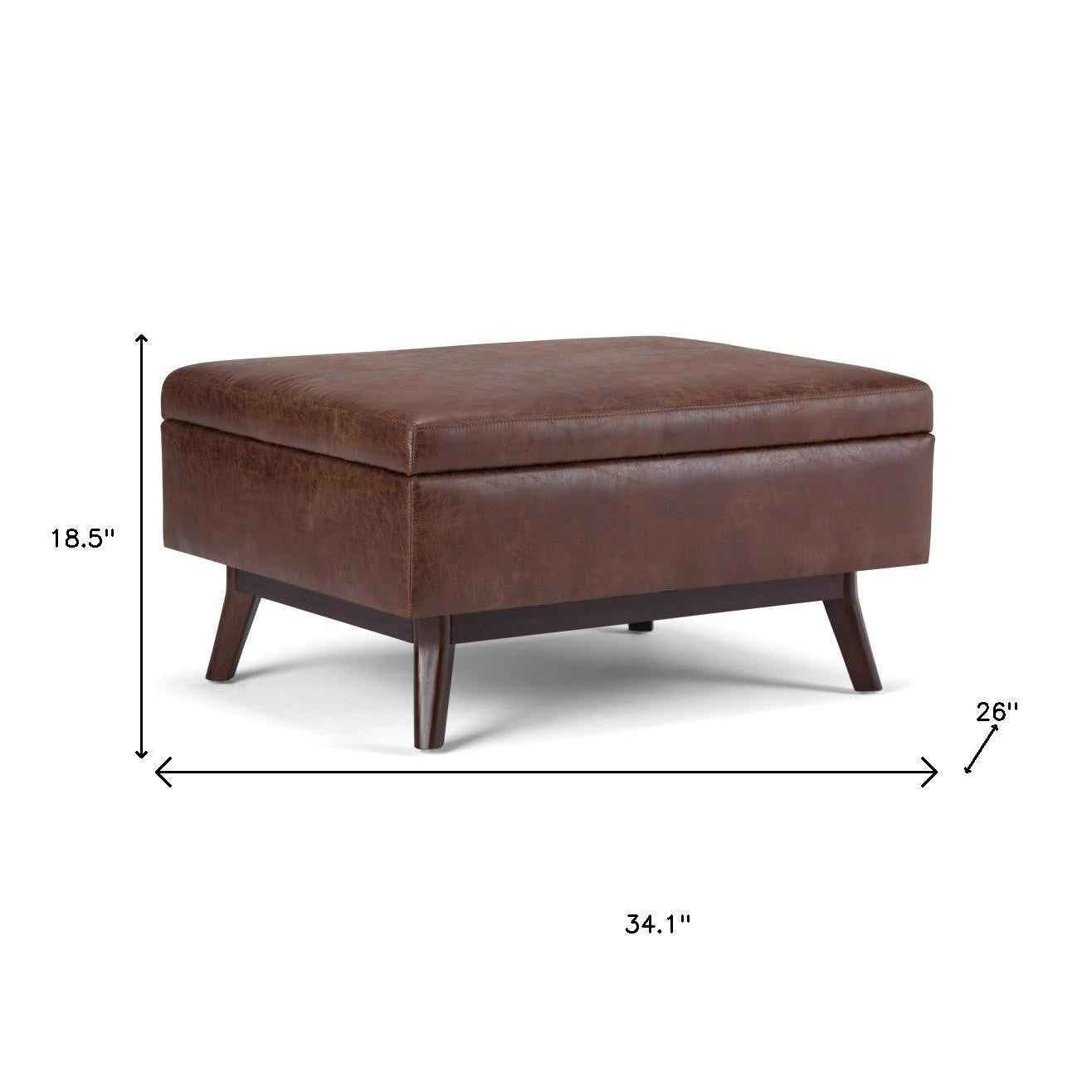 34" Brown Leather Cocktail Ottoman With Storage