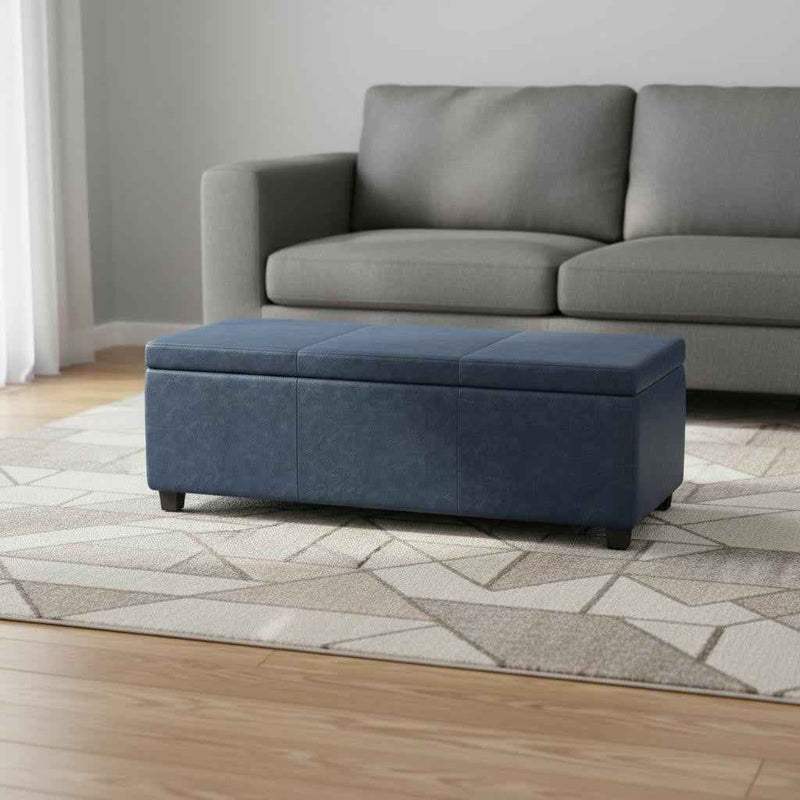 48" Dark Brown and Denim Blue Upholstery Storage Ottoman