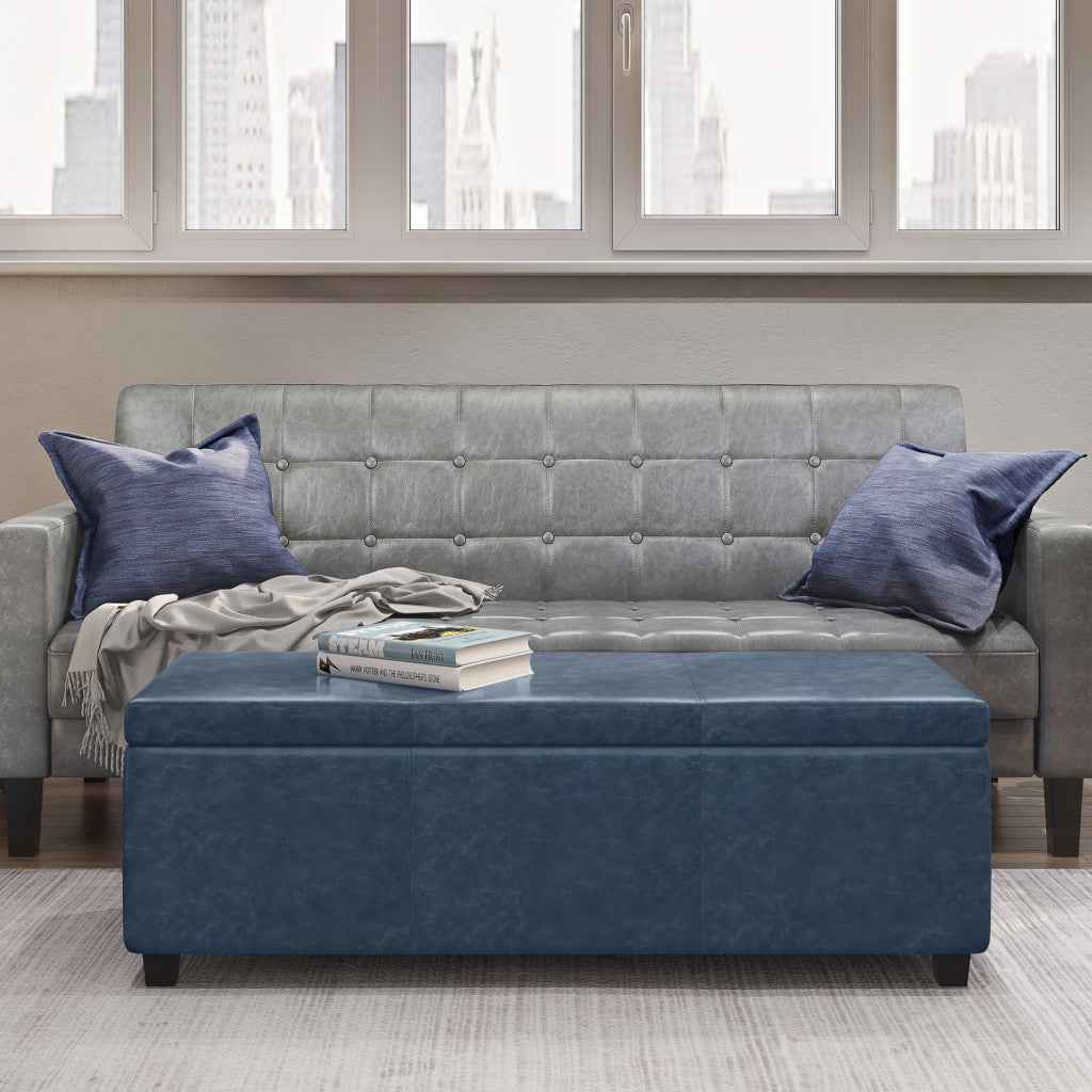 48" Dark Brown and Denim Blue Upholstery Storage Ottoman